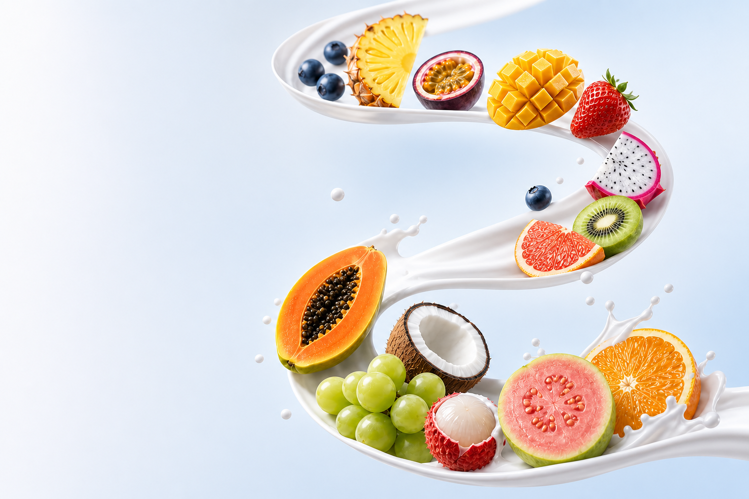 Pineapple, passion fruit, mango, strawberry, dragon fruit, kiwi, grapefruit, papaya, coconut, grapes, lychee, guava, orange, and blueberries on a flowing yogurt ribbon.